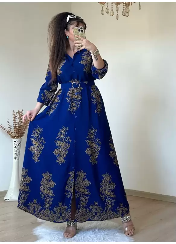 Otantık Desen Gömlek Elbise Mavi
