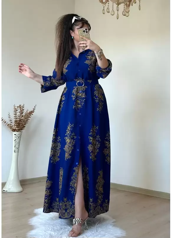 Otantık Desen Gömlek Elbise Mavi