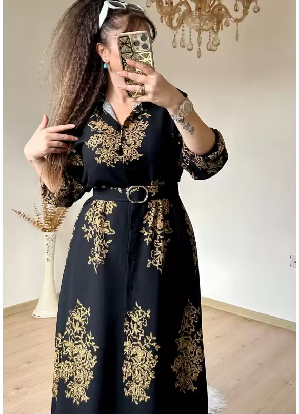 Otantık Desen Gömlek Elbise Siyah