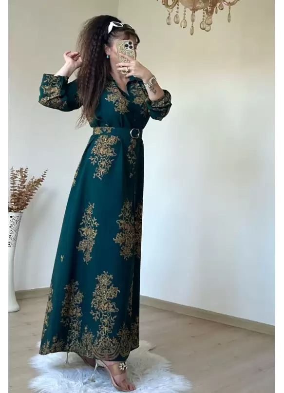 Otantık Desen Gömlek Elbise Yeşil