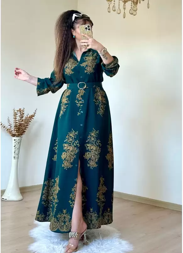 Otantık Desen Gömlek Elbise Yeşil