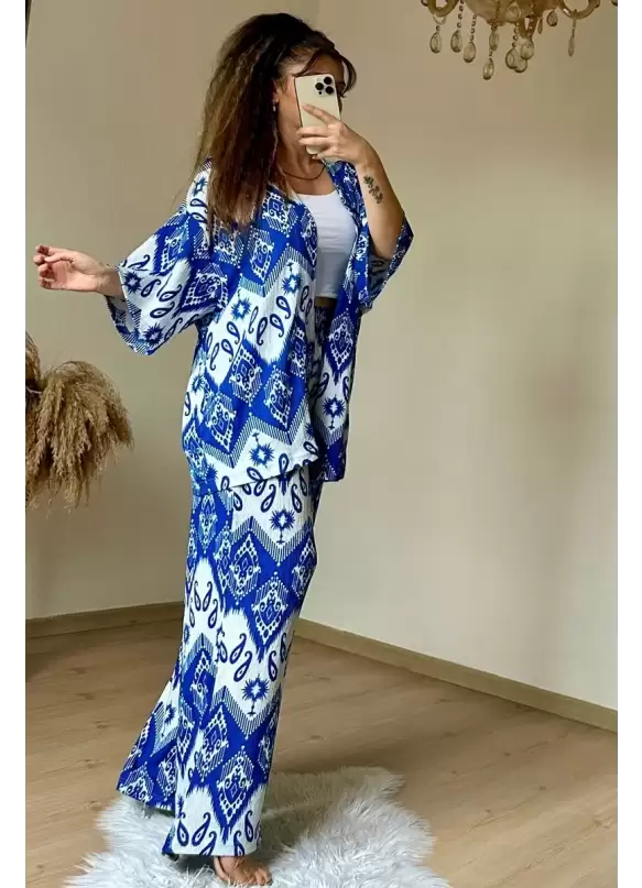 Otantik Desen Kimono Takım Mavi