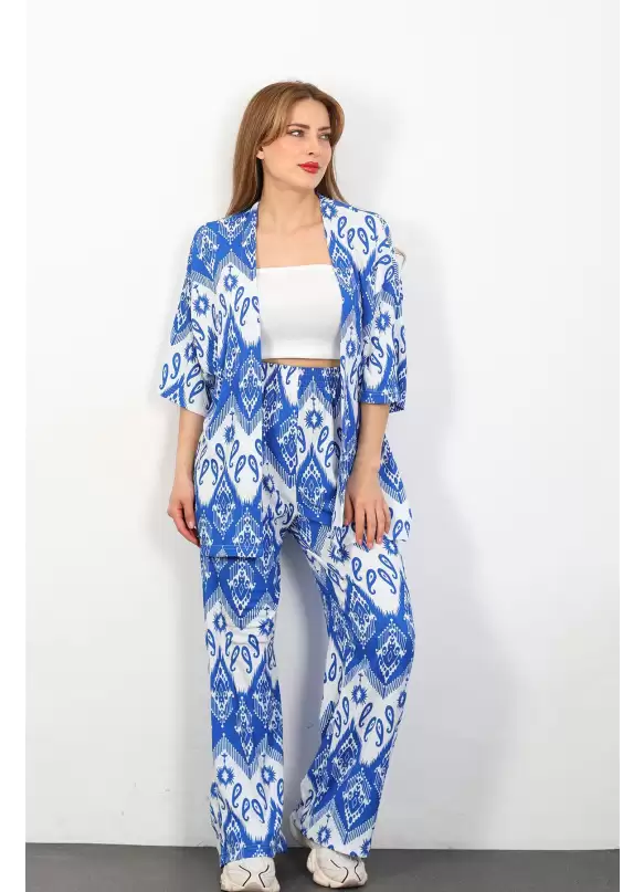 Otantik Desen Kimono Takım Mavi