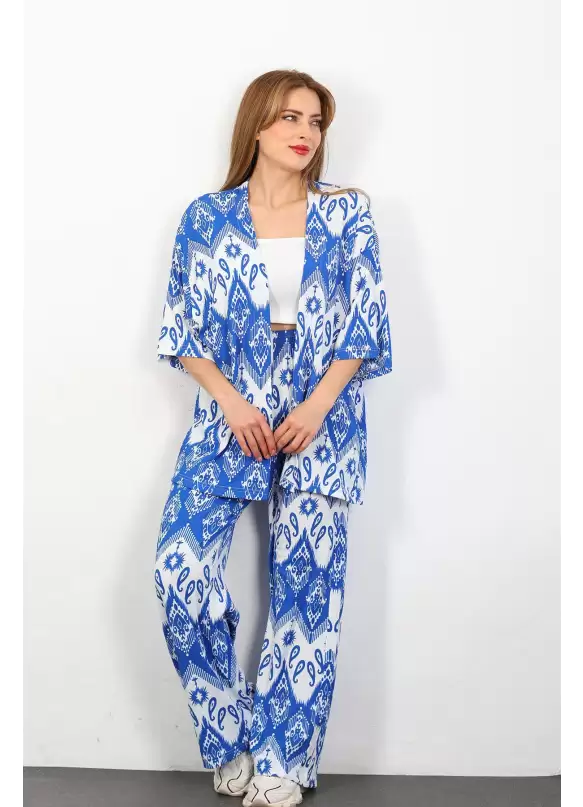 Otantik Desen Kimono Takım Mavi