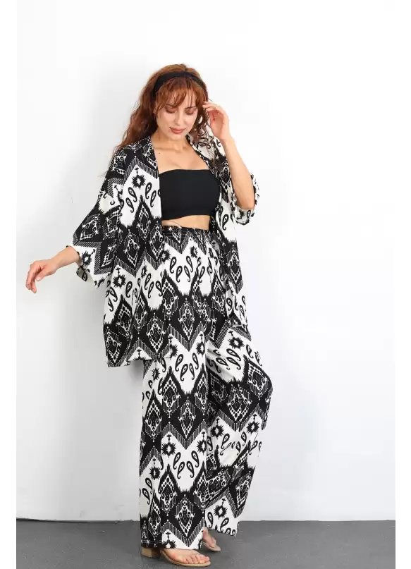 Otantik Desen Kimono Takım Siyah