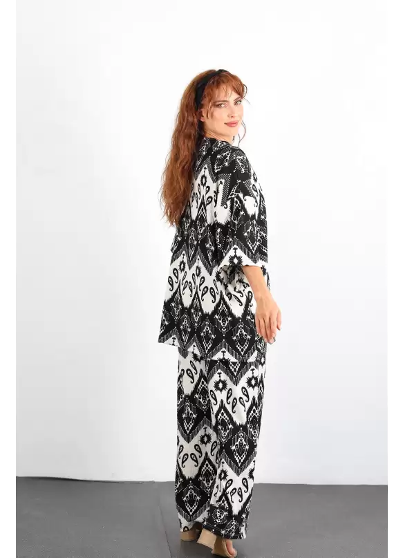 Otantik Desen Kimono Takım Siyah