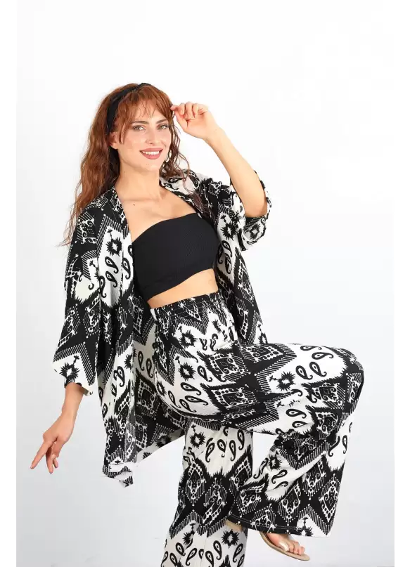 Otantik Desen Kimono Takım Siyah