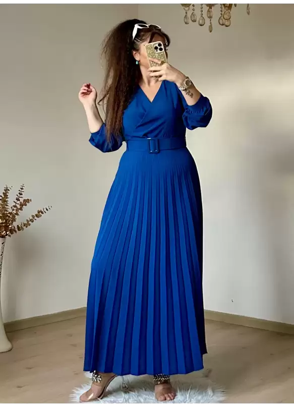 Pileli Kemerli Elbise Mavı