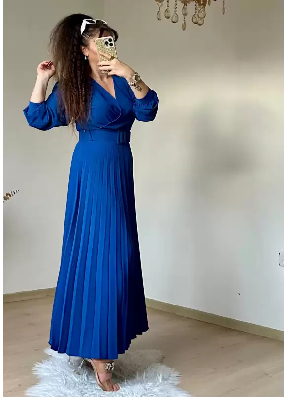 Pileli Kemerli Elbise Mavı