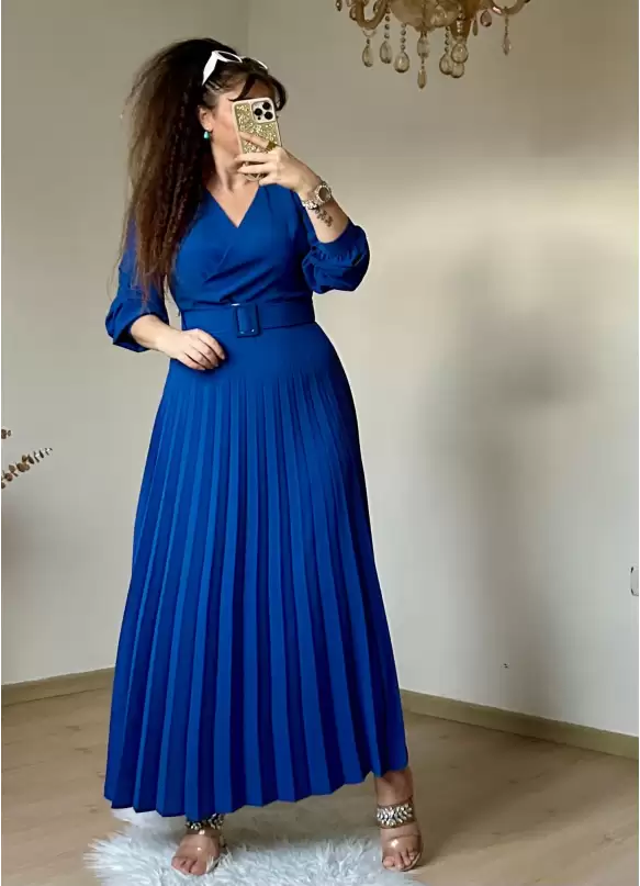 Pileli Kemerli Elbise Mavı