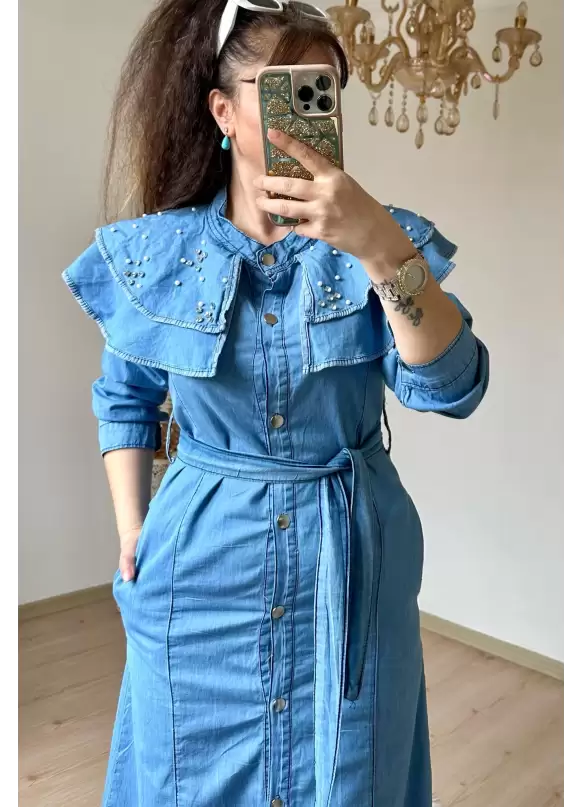 Prenses Yaka Kot Elbise Açık Mavi