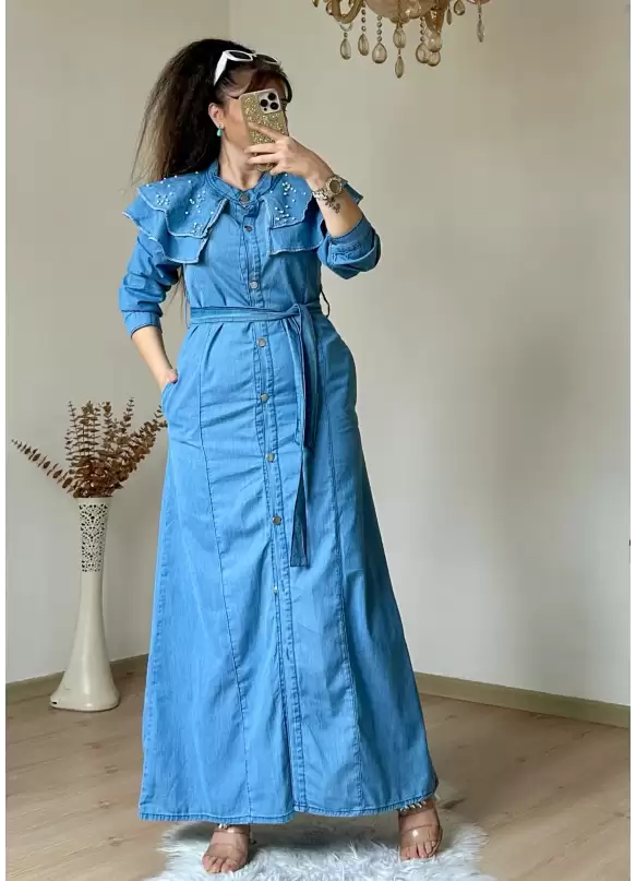Prenses Yaka Kot Elbise Açık Mavi