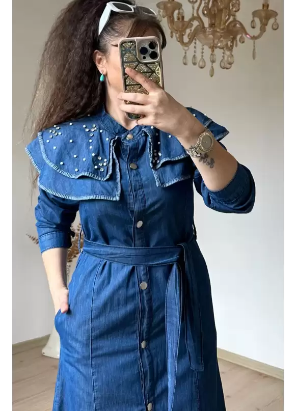 Prenses Yaka Kot Elbise Koyu Mavi