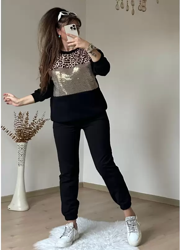 Pul Detaylı Leopar Takım Siyah