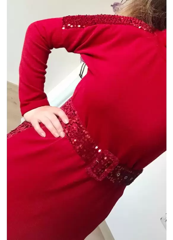 Pul Detaylı Triko Elbise KIRMIZI