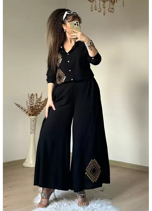 Pul İşlemeli Pantalon Etekli Takım