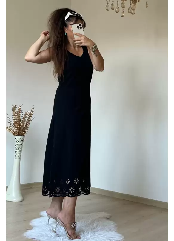 Sıfır Kol Etek Ucu Desenli Elbise Siyah