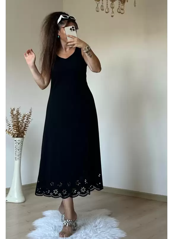 Sıfır Kol Etek Ucu Desenli Elbise Siyah