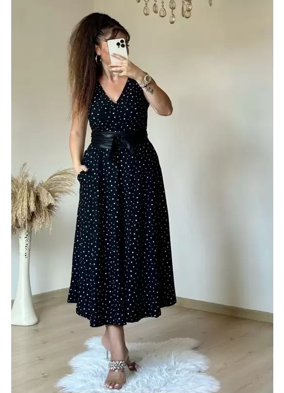 Sıfır Kol Yıldızlı Krep Elbise