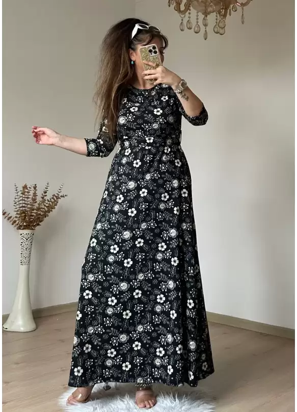 Siyah Çıtır Çıceklı Bürümcük Elbise