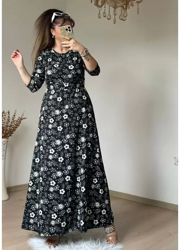 Siyah Çıtır Çıceklı Bürümcük Elbise