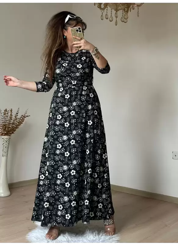Siyah Çıtır Çıceklı Bürümcük Elbise