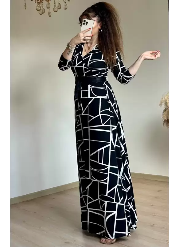 Full Length White Geometric Pattern Dress