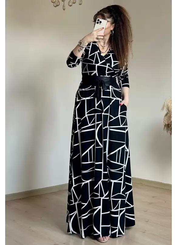 Full Length White Geometric Pattern Dress