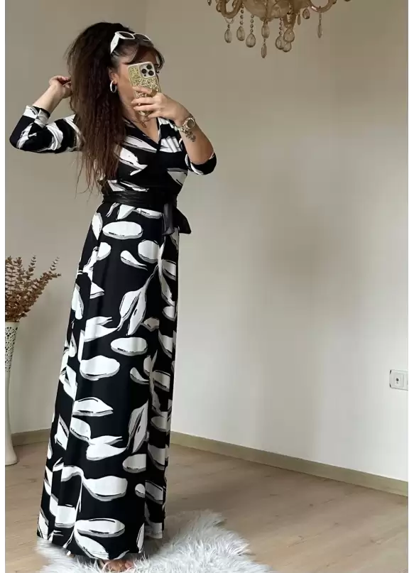 Tam Boy Beyaz Yaprak Desen Elbise