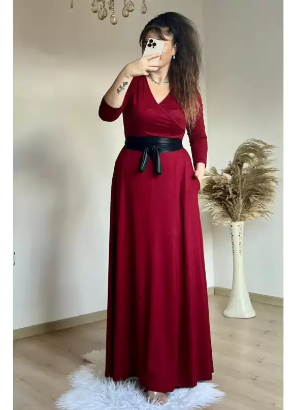 Tam Boy Kemerli Düz Elbise Bordo