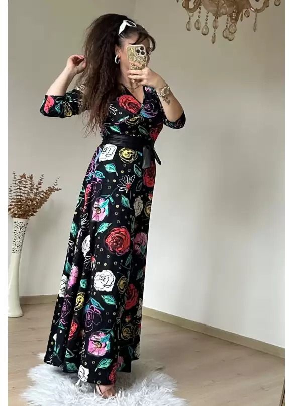 Tam Boy Kırmızı Gül Desen Elbise