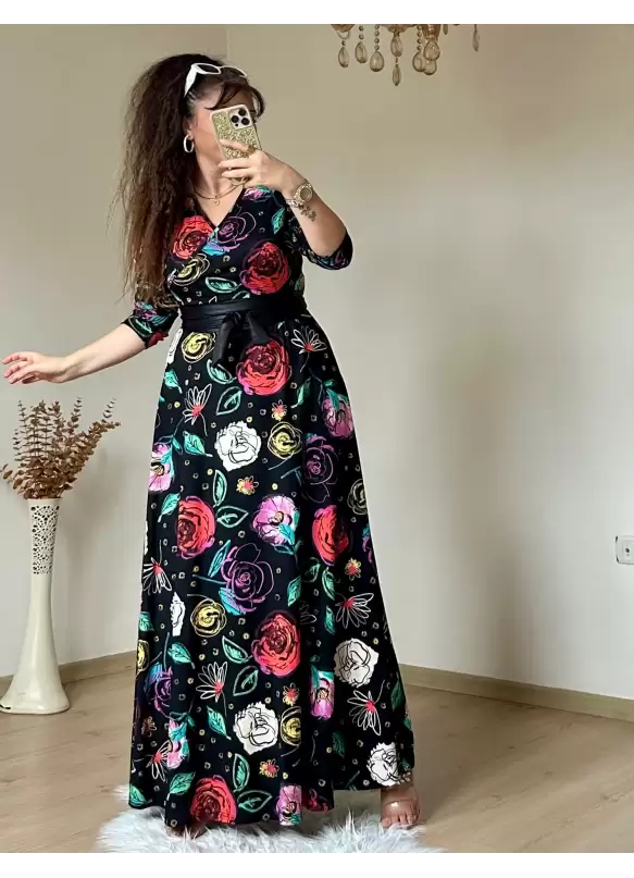 Tam Boy Kırmızı Gül Desen Elbise