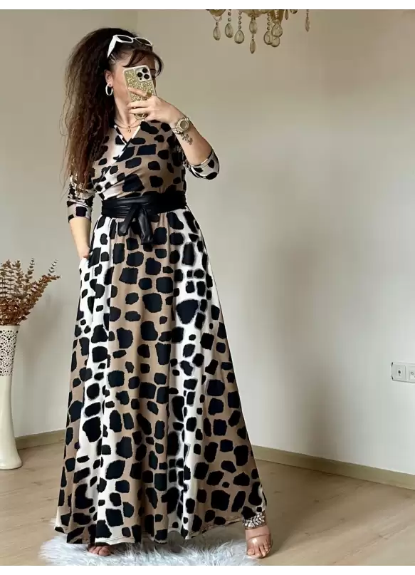 Tam Boy Koyu Leopar Elbise