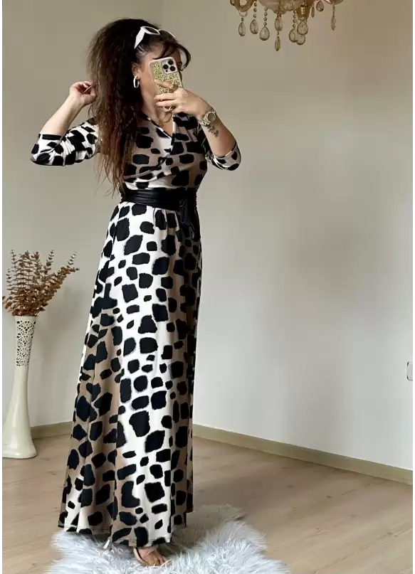 Tam Boy Koyu Leopar Elbise