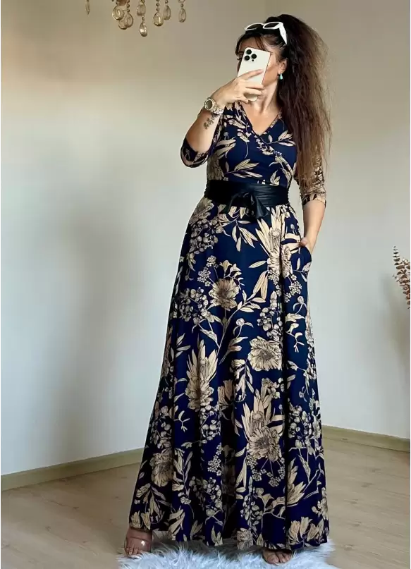 Full Length Navy Blue Floral Dress