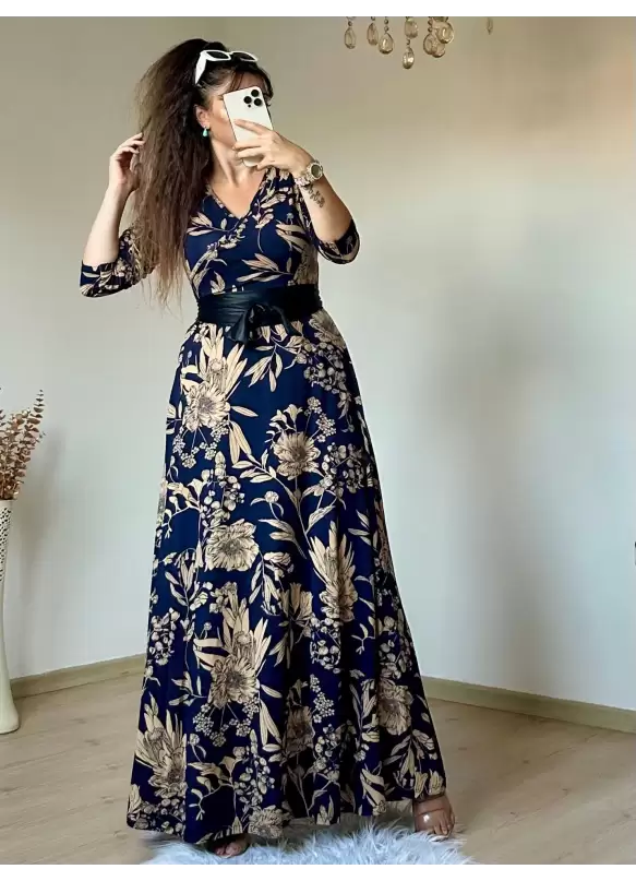 Full Length Navy Blue Floral Dress