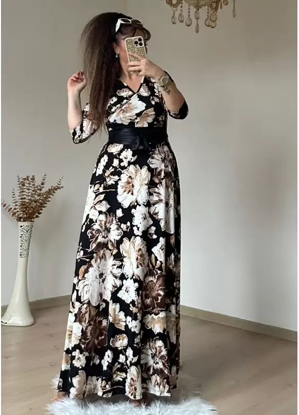 Tam Boy Siyah Byaz Çiçek Desen Elbise
