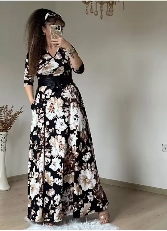 Tam Boy Siyah Byaz Çiçek Desen Elbise
