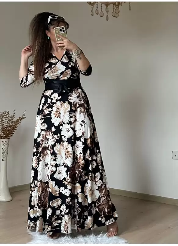 Tam Boy Siyah Byaz Çiçek Desen Elbise
