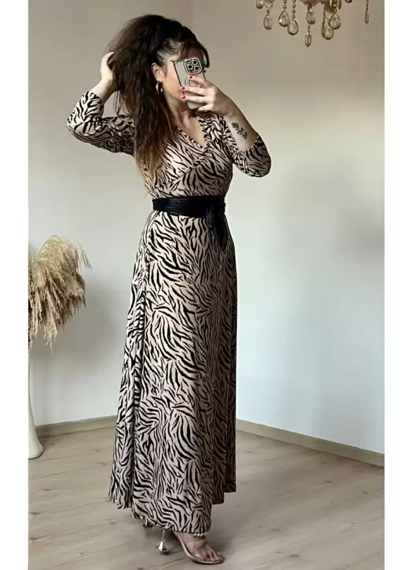 Tam Boy Süet Kahve Çizgi Desen Kadife Elbise