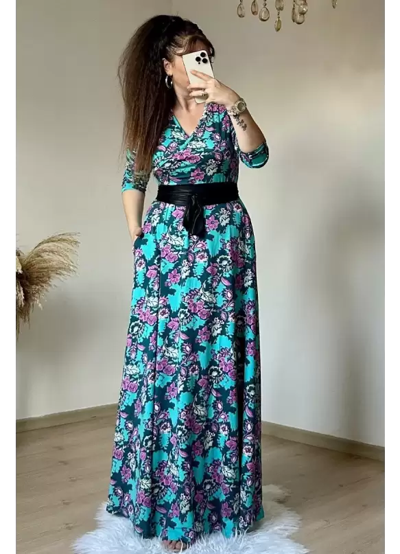 Tam Boy Yeşil Çiçek Elbise