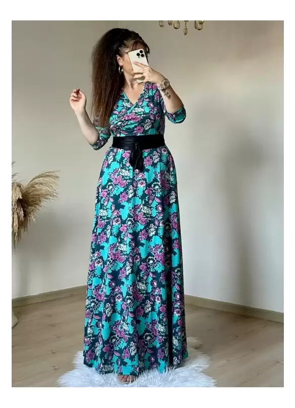 Tam Boy Yeşil Çiçek Elbise