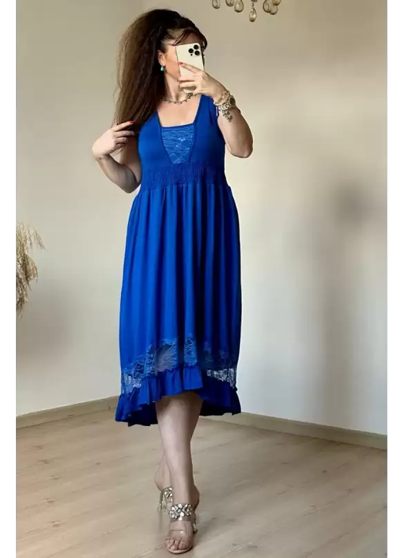 Tül Detaylı Mavi Elbise