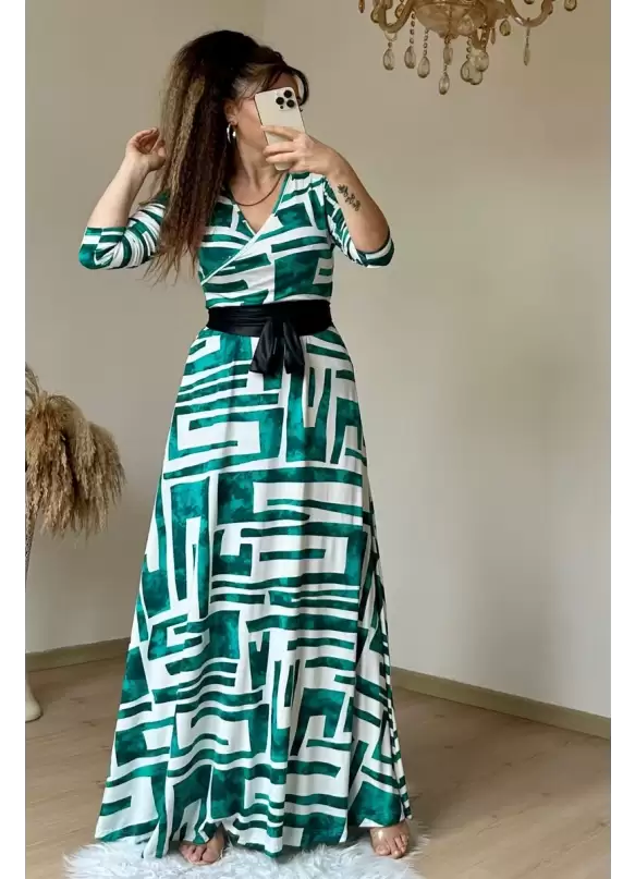Full Length Turquoise Geometric Pattern Dress