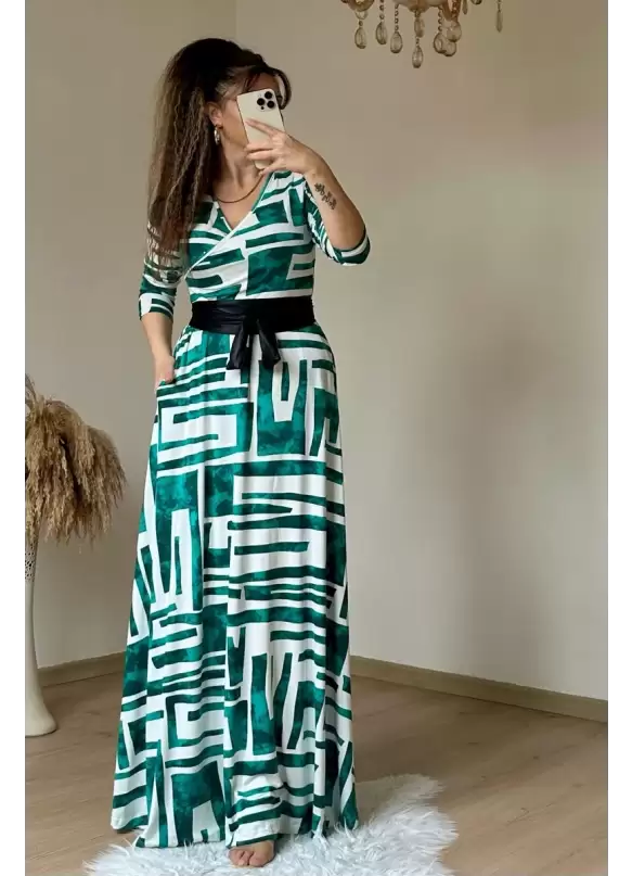 Full Length Turquoise Geometric Pattern Dress