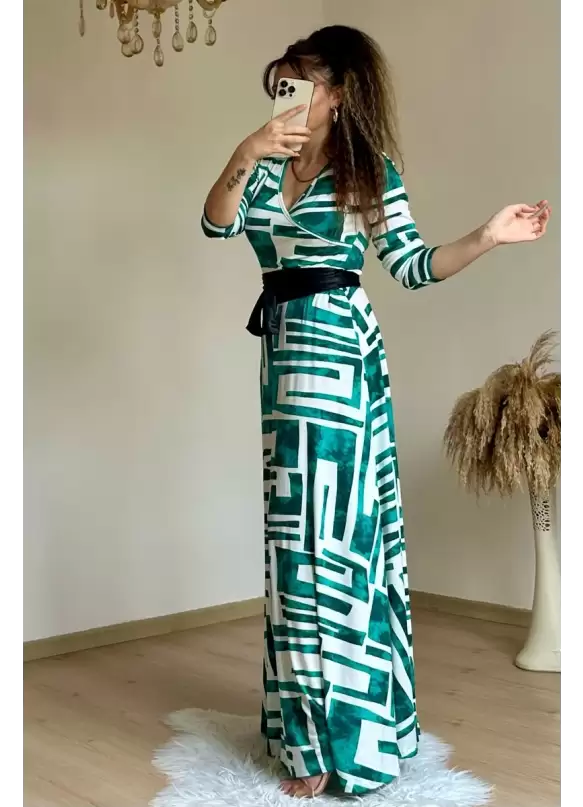 Full Length Turquoise Geometric Pattern Dress