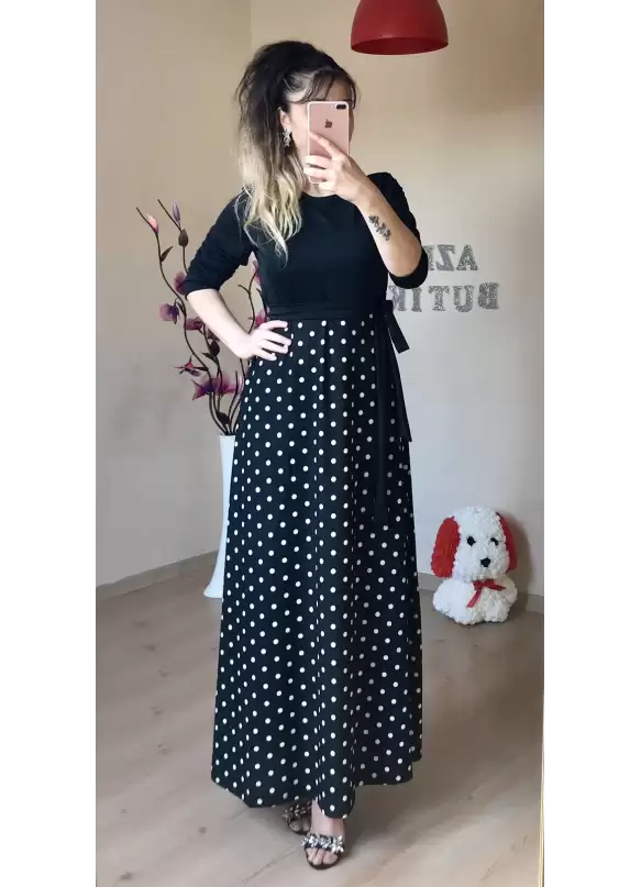 Üst Siyah Alt Puanlı Maxi Boy Penye Elbise