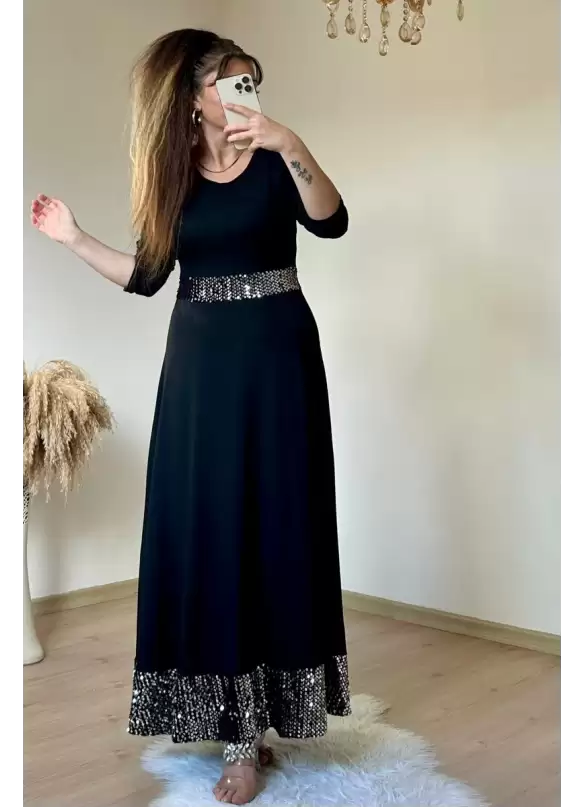 Uzun Bel Ve Etek Ucu Pul Payetlı Elbise
