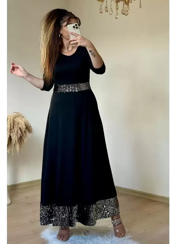 Uzun Bel Ve Etek Ucu Pul Payetlı Elbise