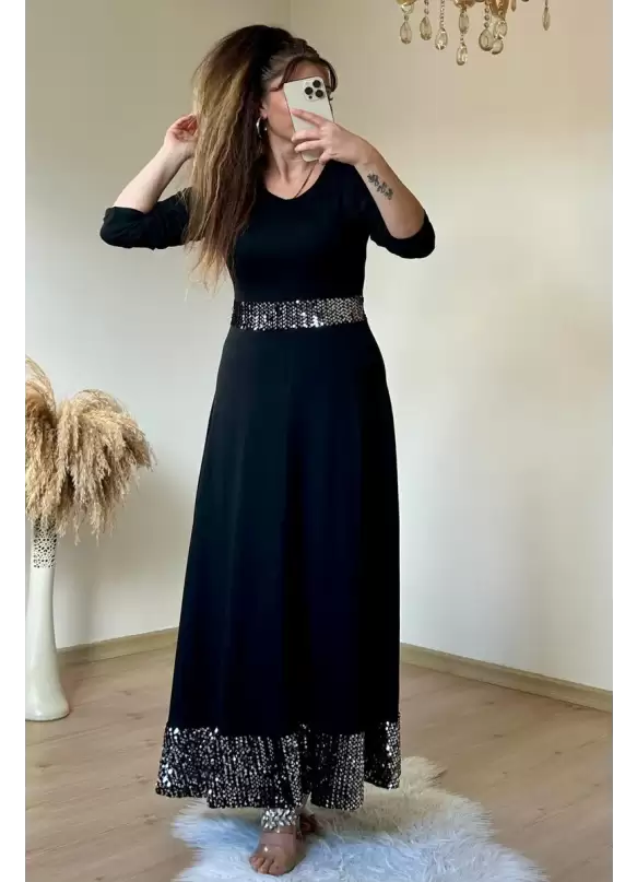 Uzun Bel Ve Etek Ucu Pul Payetlı Elbise